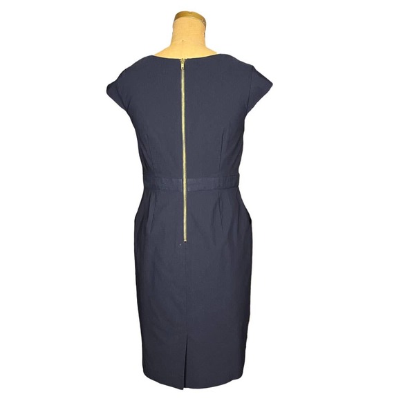 Adrianna Papell Blue Dress V Neck Gold Wood Belt - Picture 2 of 8